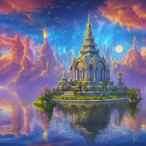 Prompt: The temple of the dream realm floating in the sky sunny beautiful 