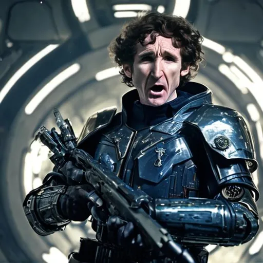 Prompt: A 28 year old Paul McGann shouting angrily wearing an armored futuristic scifi military uniform and holding an advanced exotic shotgun in full color