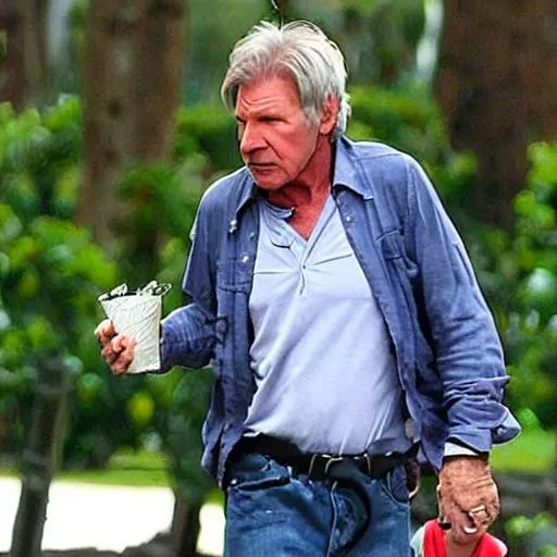 Prompt: Harrison ford eating a small child

