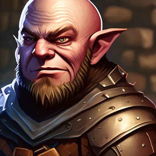 Prompt:  Young Magical Locksmith dwarf rogue. Crazy eyes, awkward smile, large noses. Bald, long neck beard. Wearing leather armor  head and shoulders portrait. Dungeons and dragons arcane trickster. fast runner