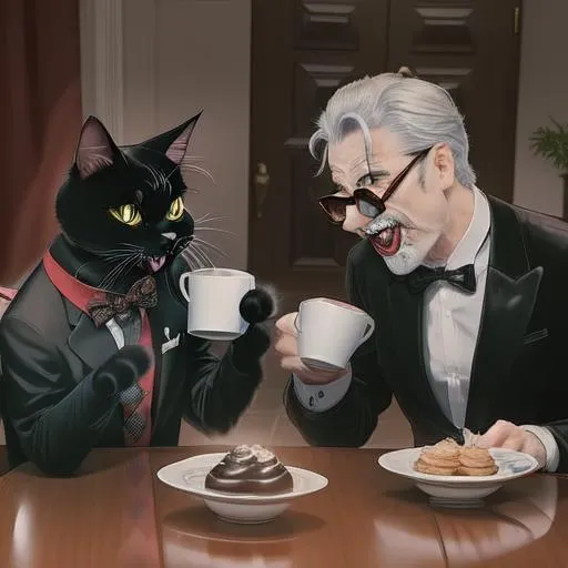 Prompt: A demonic cat and a actor acting as a funny man. The demonic black cat wearing a checkered vest is drinking coffee at table. the funny man dressed ridiculously is taking with the black cat. ultra wide