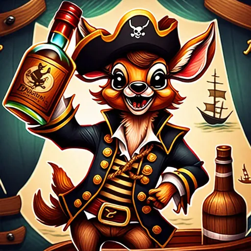 Prompt: Create a playful illustration of evil Bambi as a pirate, on board of a ship drunk dancing and holding a bottle of rum 