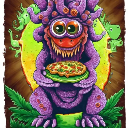 Prompt: orange cannabis monster holding a slice of pizza
