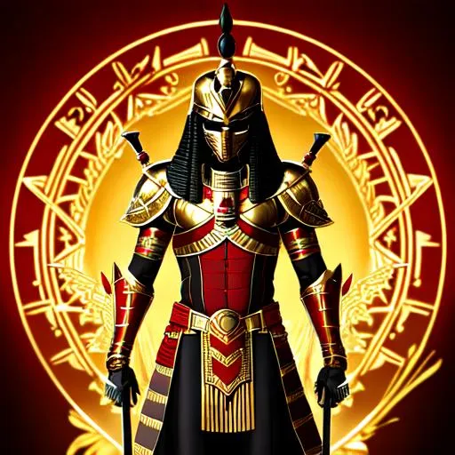 Prompt: A black and gold skeleton warrior wearing gold and red
 ancient egyptian/Arabian armor