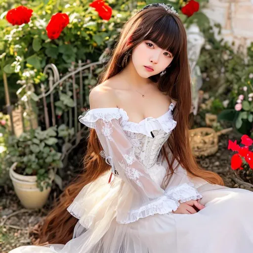 Prompt: a photorealistic anime girl with soft brown hair and wispy bangs sitting in a garden with a red lace corset and a white flown long skirt
