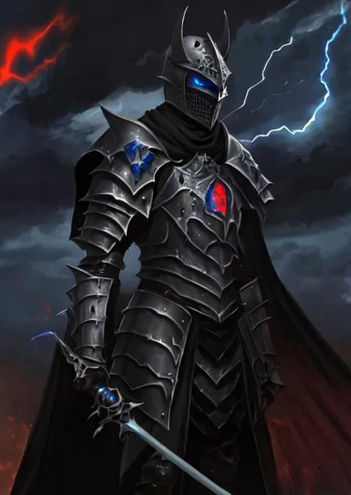 Prompt: A medieval Undead Dark Knight in dragon scale armor with glowing blue eyes peeking out of the helmed and a Dark cloud trails behind him. He would carry a broad Longsword decorated with a small dragonscull in his right hand.