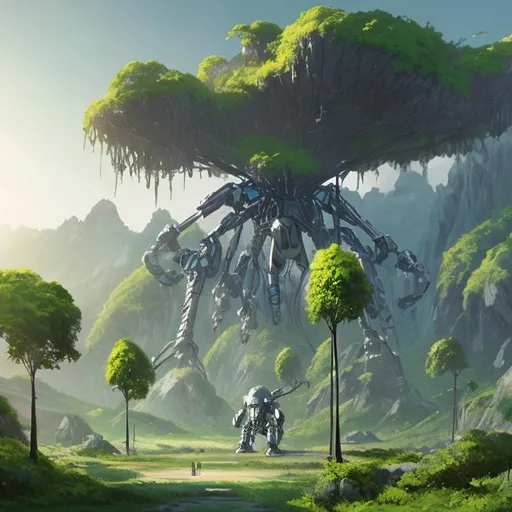 Prompt: Create concept art of robot growing plant , mountain are in distance from robot, there are also big trees.