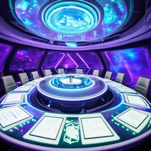 Prompt: meeting room in a space ship with holograms all around the table representing the people in the meeting room