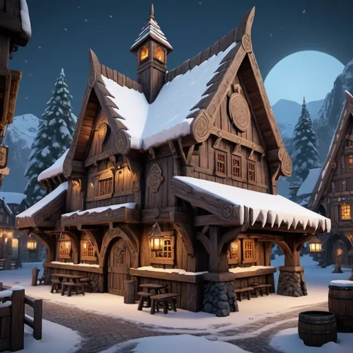Prompt: Viking tavern, entire structure, wooden materials, snow covered, thiefs guild, intricate carvings details, 
immersive world-building, high quality, detailed, epic scale, fantasy, game style, vibrant colors, midtown, nightfall