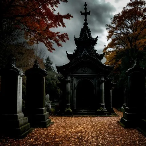 Prompt: Fall cemetery scene with dark, gothic realism, detailed fallen leaves, yokai, akuma, apparition, ghost, demon, spirit, eerie atmosphere, ominous lighting, high quality, gothic, dark tones, realistic, detailed, yokai, akuma, apparition, ghost, demon, spirit, fall setting, dead leaves, sinister ambiance