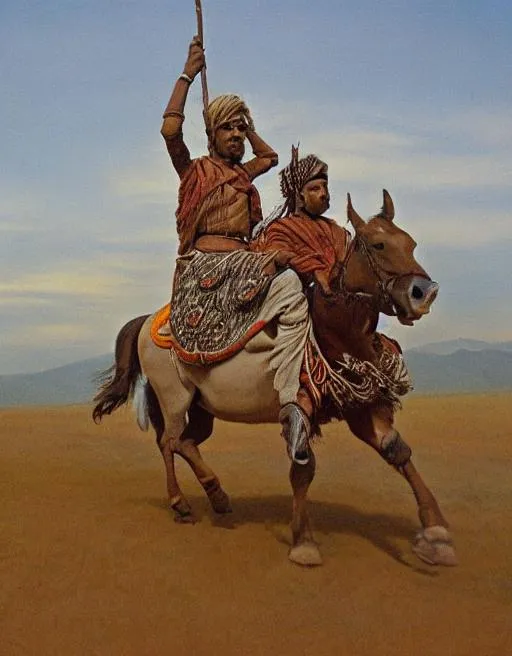 Prompt: indo-aryan nomads riding horse across steppe