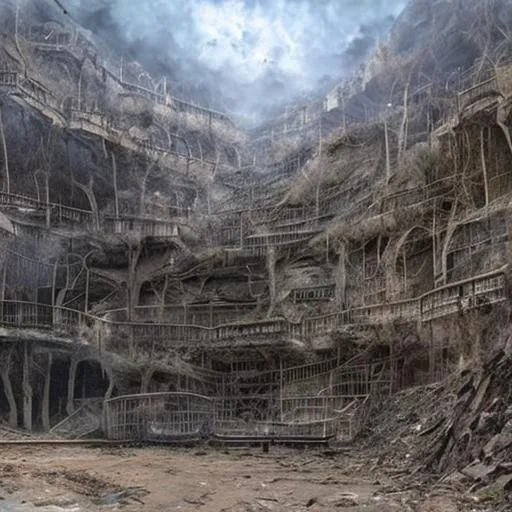 Prompt: artwork of a fantasy open air mine that is abandoned