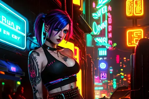 Prompt: beautiful pale cyberpunk female with heavy black eyeliner, black tube top, plaid skirt, blue eyes, shaved side haircut, hyper detail, cinematic lighting, neon hair,  neon bar and tables, couches, dark red light city