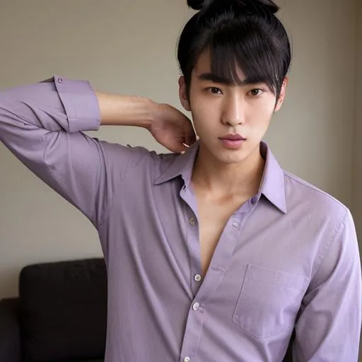 Prompt: A warm complexion 24 year-old tall, 6'1", skinny, Korean man. With brown eyes, square-jaw, and black hair. He has a top knot bun with bangs hairstyle and only has a facial hair on chin, He wears a lavender button-up shirt and tan chinos. He is overly wimpy too