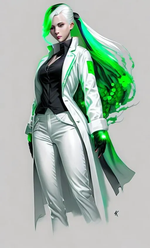 Prompt: black shirt, white labcoat, female, long grey and green glowing hair, wearing white gloves, concept art