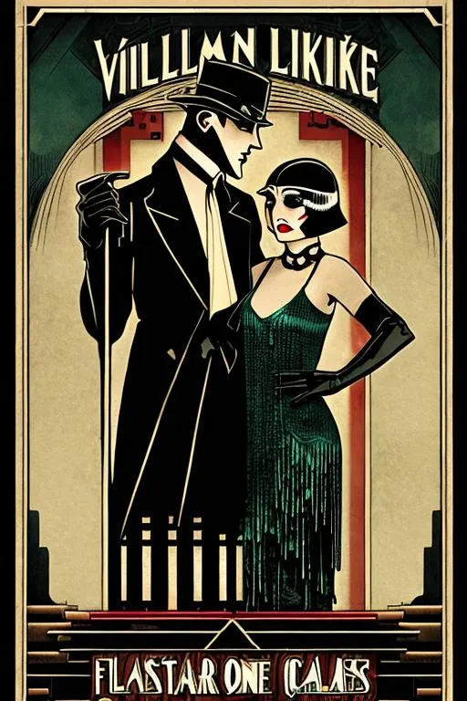 Prompt: A horror book cover with the title "Villains Like Us." In art deco style, featuring 1920s Chicago. A gangster and a flapper holding hands 