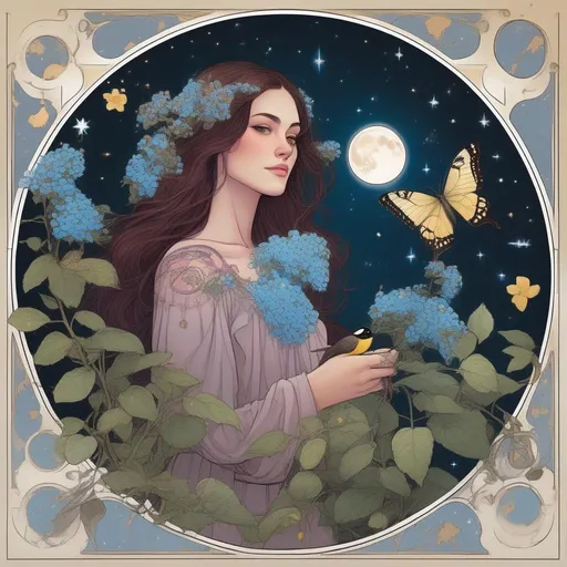 Prompt: A beautiful and colourful picture of Persephone with brunette hair and with an American Moon Moth, forget-me-not flowers, a chickadee bird, and strawberry plants surrounding her, framed by the moon and constellations in a marvel comics style