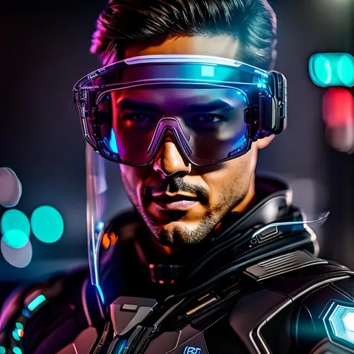 Prompt: an augmented male with a transparent suit with visible skin, with futuristic glasses,
portrait, Long shot, wide angle, 24mm lens, implants, high details, realistic , dark lighting, professionally colour graded, photorealism, 8k