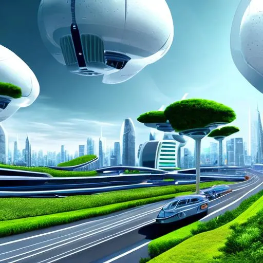 Prompt: Futuristic White City lush green plants light blue sky black roads hover car high resolution







