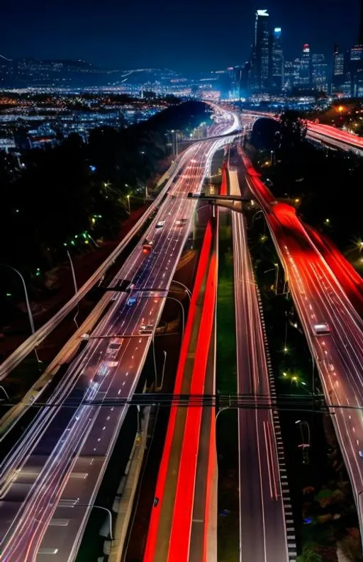 Prompt: ariel view 
Long-exposure night photography of traffic, with light trails
