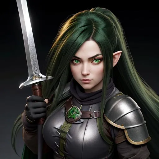 Prompt: female adult gnome (dark greenish black flowing hair) (dark green eyes), wearing a medieval outfit, fighter, sword, realistic