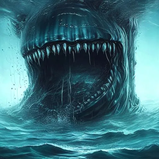 Prompt: Hyperrealistic, lifelike, scary, dark, deep ocean, marine, scary big humanoid creature, thalassophobia