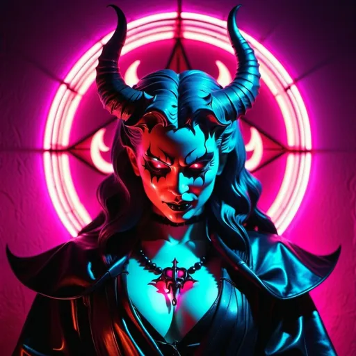 Prompt: demon, hell, demonic, gothic, vaporwave, retro, neon, aesthetic, liminal, high quality, high definition, beautiful, dramatic lighting