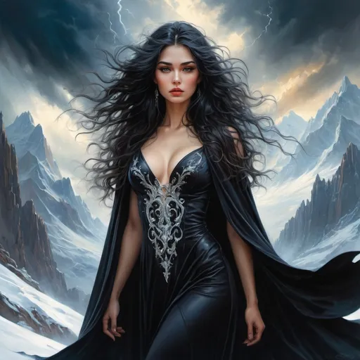 Prompt: Karol Bak, Thomas Ruth. Fantastic illustration of a beautiful girl, long wavy black hair, with a perfectly voluminous body, flowing black cloak, magical fantasy style, rocky mountains with snow caps, thunderclouds, mystical atmosphere, high resolution, vibrant colors, ethereal, detailed, mystical lighting.