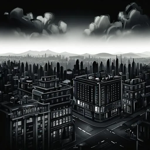 Prompt: noir-style landscape of a city