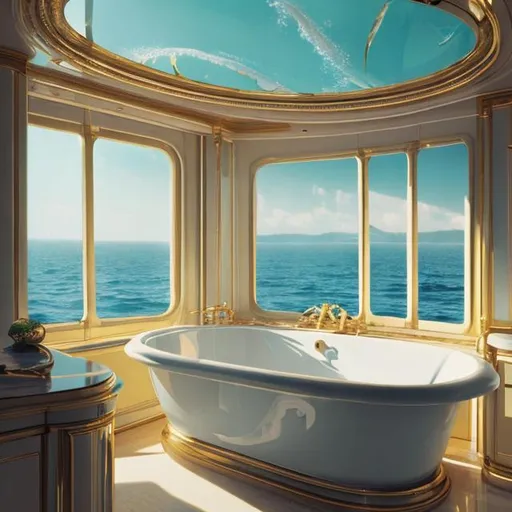 Prompt: a bath tub sitting inside of a bathroom next to a window, relaxing on a yacht at sea, ffffound, tumblr aesthetic, cartier, stunning grand architecture, disney fantasy style, unique design, juxtapoz aesthetic, circular windows, high in the sky, by Nathaniel Hone, realistic », fantasia photo, kinkade, serene