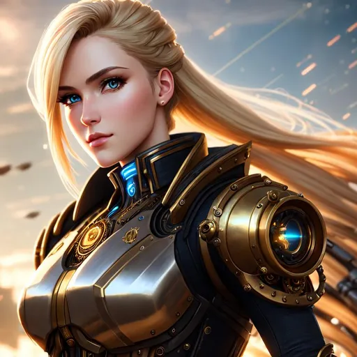 Prompt: Photo of ideal 25 year old female steampunk cyborg wearing steampunk armor,

healthy body,
dirty-blond hair,

elegant, 
highly detailed, 
trending on artstation, 
excellent composition,
sharp focus,
bokeh,
bright lighting, 
16k