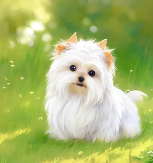 Prompt: A cute Yorkshire Terrier with fluffy white fur, sitting in a meadow, perfect features, extremely detailed, realistic. Krenz Cushart + loish +gaston bussiere +craig mullins, j. c. leyendecker +Artgerm. 