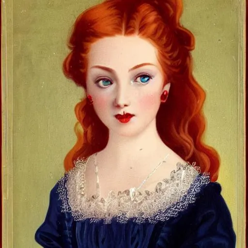 Prompt: Victorian portrait of a profoundly beautiful redhead girl dressed in a dark blue gown.
Elegant feminine clothing, red gloss lips, rosy cheeks, mystical vibe.