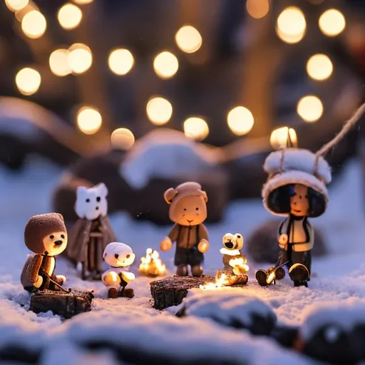 Prompt: tiny friends and a dog making smores at tiny wooden campfire string lights on a starry night in the snow
