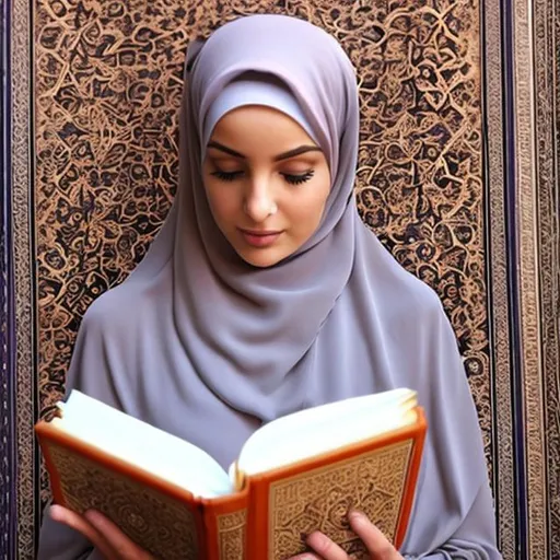 Prompt: A woman in a hijab, reading the Quran.
