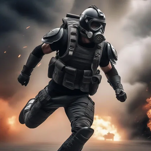 Prompt: A modern roman military male in black military roman armor, and gas mask, running, background sci fi war jet fighter, Hyperrealistic, sharp focus, Professional, UHD, HDR, 8K, Render, electronic, dramatic, vivid, pressure, stress, nervous vibe, loud, tension, traumatic, dark, cataclysmic, violent, fighting, Epic