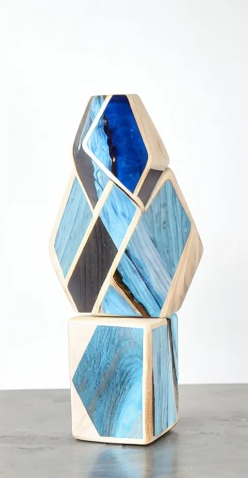 Prompt: wood cube, iridescent stain, black hexagon, blue dots, one piece