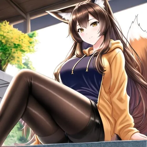 Prompt: oil painting, UHD, hd , 8k,  anime, hyper realism, Very detailed, zoomed out view, clear visible face, full body in view, clear visible face, fox girl character with long dark brown hair, wears a gold hoodie with black  pants, sitting near a pool