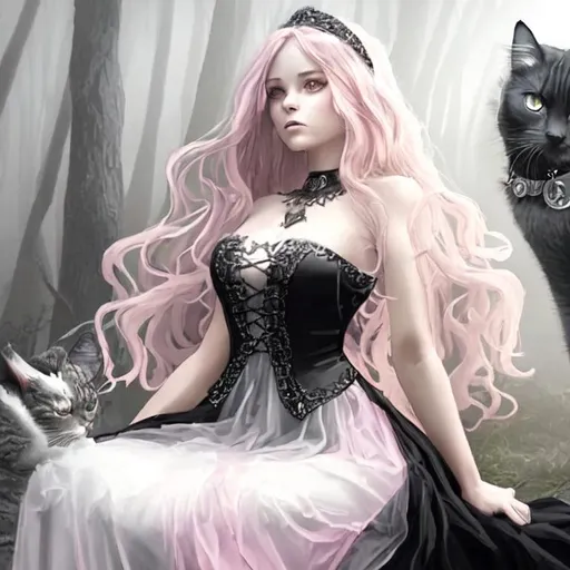 Prompt: A young woman with wavy pink shoulder length hair dressed as a mystical witch a long black dress with a silver chestplate that has a cat on the front standing in a dark misty foggy forest that is ethereal and wiccan