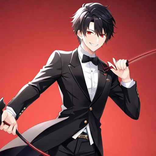 Prompt: Damien (male, short black hair, red eyes) grinning seductively, holding a whip