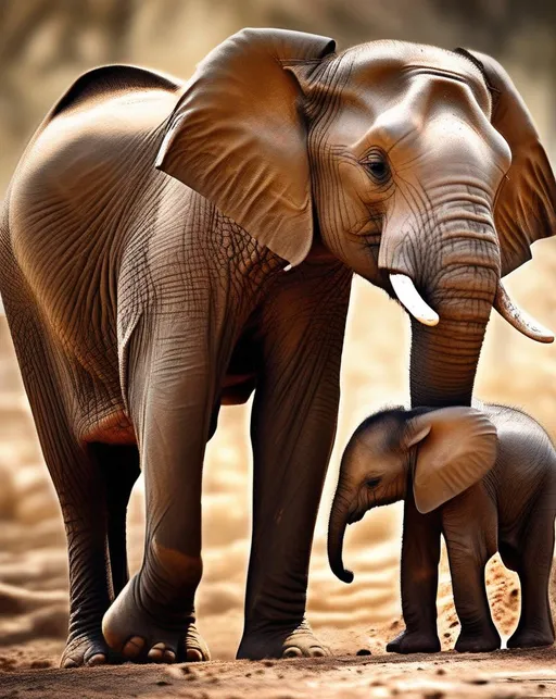 Prompt: A new born baby elephant closely following his mother, detailed environment, textured skin, a mother's love