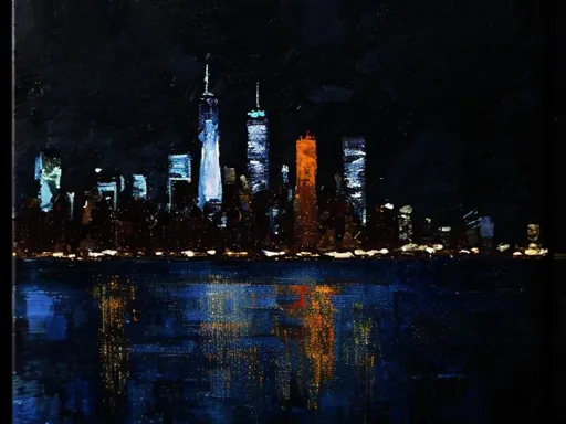 Prompt: New York Skyline from 42nd Street Pier, thick oil impasto