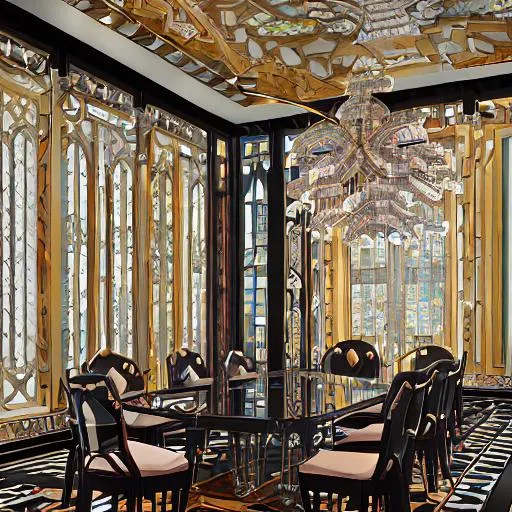 Prompt: black mirrored dining room, elegant, crystal frame chairs, sapphire upholstery, elegant and sophisticated. central asia. 1950s. mosaic columns and floors. photorealism.