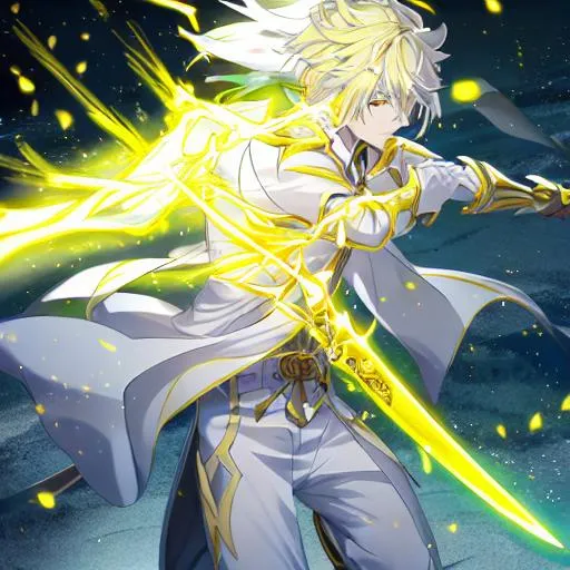 Prompt: Yellow boy, white, Lighting sword,
Lighting, speed