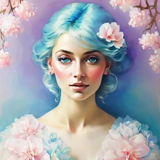 Prompt: beautiful woman, ethereal,dreamscape,, pale blue color scheme, light blue hair, pretty pastel  pink flowers, closeup