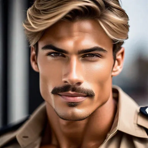 Prompt: Professional photoshoot of a pretty, muscular, handsome, tan, male model, with a thin mustache, beige hair, youthful face, wearing a tight police uniform, smirking, {defined shredded musculature, broad shoulders}, {sultry}, center frame, natural light, intricate detail, best quality