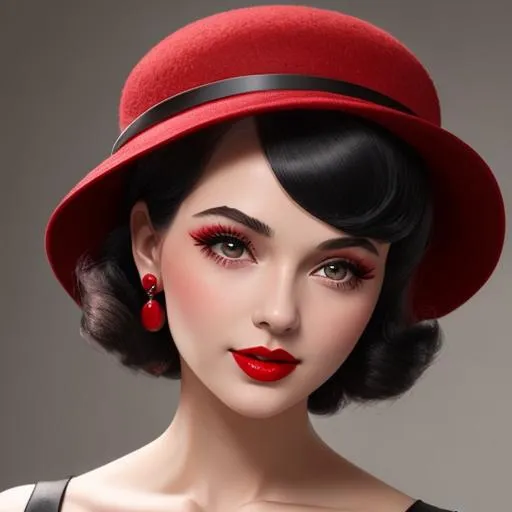 Prompt: a pretty girl  dressed in red, wearing a  large red hat 1950's era, bob hair cut, 1950's era makeup, facial closeup