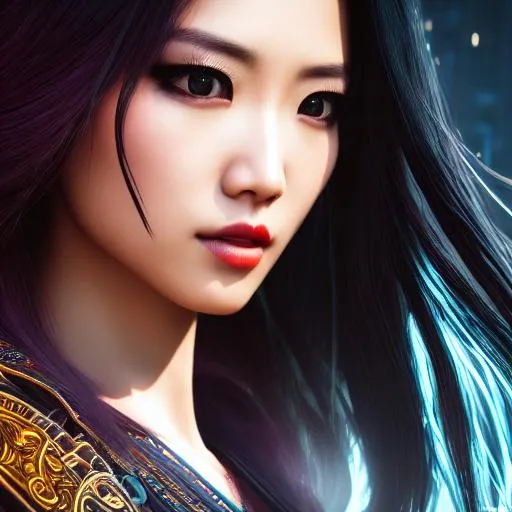 Prompt: Photorealistic woman, beautiful, long hair, Asian, cyberpunk, full body pose, action pose, symmetrical face, scenic, epic Instagram, artstation, hyperdetailed intricately detailed , unreal engine, intricate detail, splash screen, complementary colors, concept art, 8k, deviantart masterpiece, oil painting, heavy strokes, splash arts, dim lighting