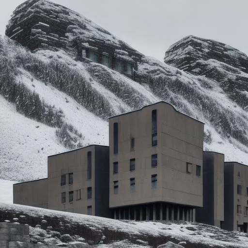 Prompt: brutalist architecture on the side of a snowy mountain.