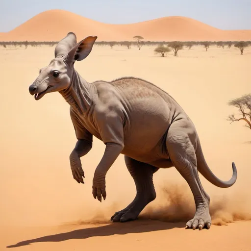 Prompt: A kangaphant, it is a mesmerized fantasy and invented animal blended mix of kangaroo and elephant, jumping over two legs in the dessert with long trunk and fangs